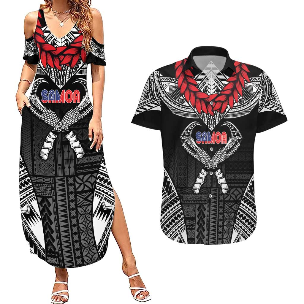 Personalized Talofa Samoa Couples Matching Summer Maxi Dress and Hawaiian Shirt Ulafala With Toa Nifo'oti - Black