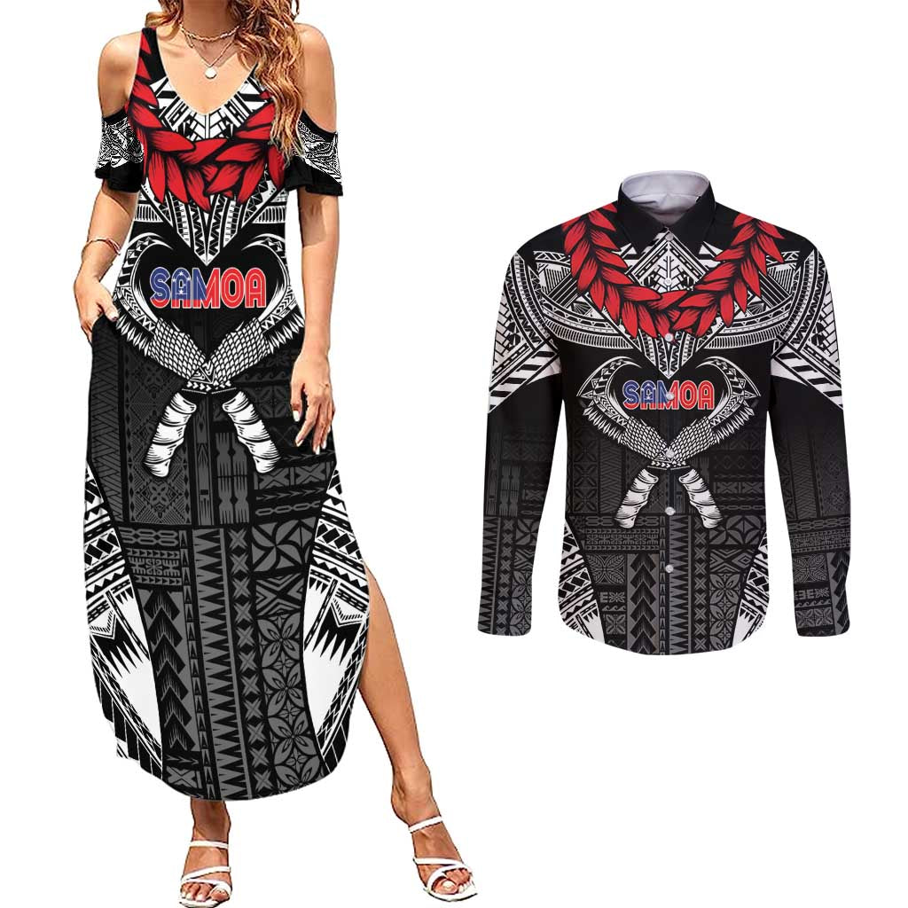 Personalized Talofa Samoa Couples Matching Summer Maxi Dress and Long Sleeve Button Shirt Ulafala With Toa Nifo'oti - Black