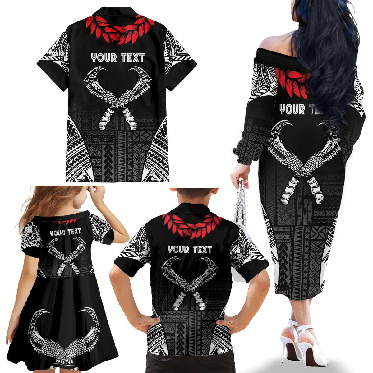 Personalized Talofa Samoa Family Matching Off The Shoulder Long Sleeve Dress and Hawaiian Shirt Ulafala With Toa Nifo'oti - Black