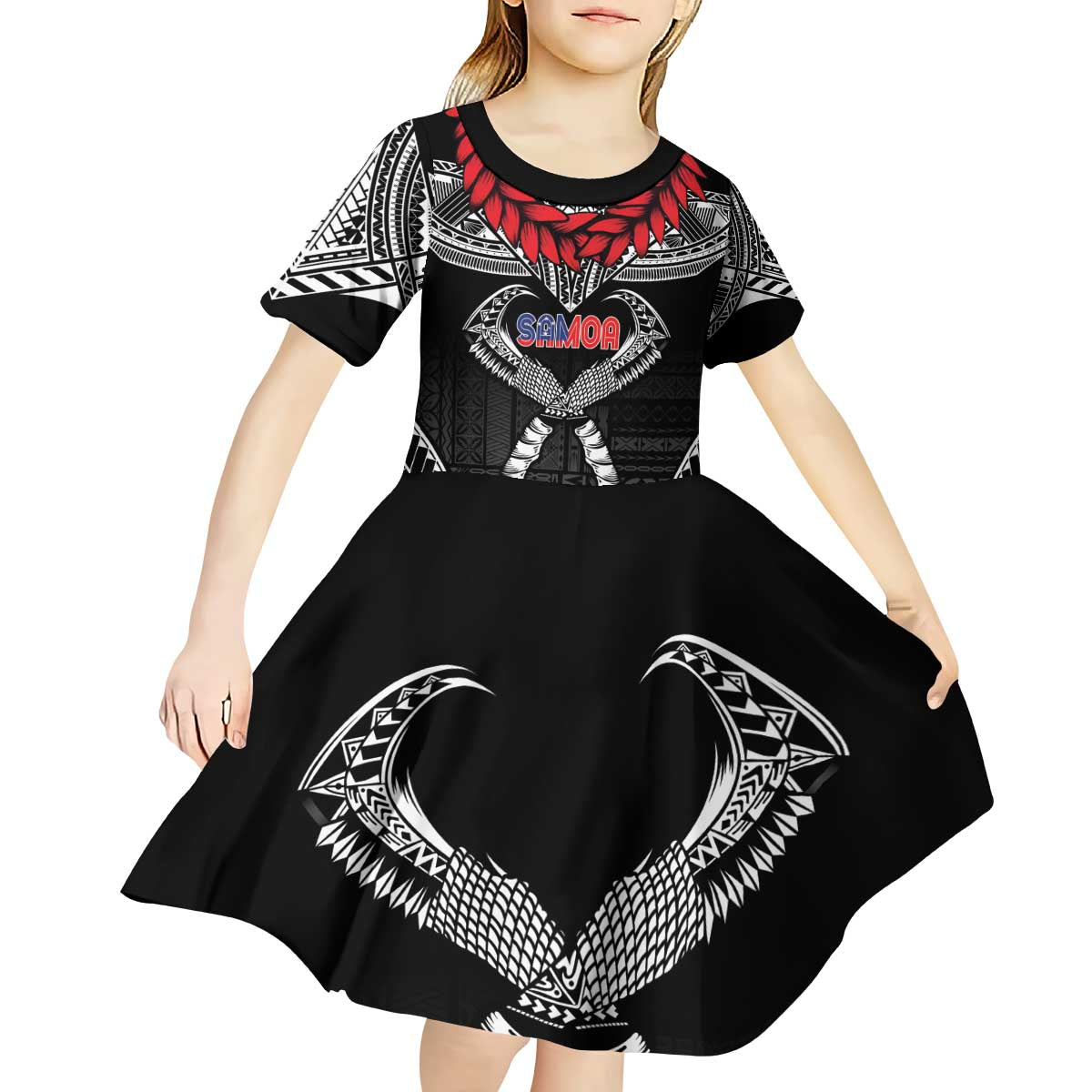 Personalized Talofa Samoa Kid Short Sleeve Dress Ulafala With Toa Nifo'oti - Black