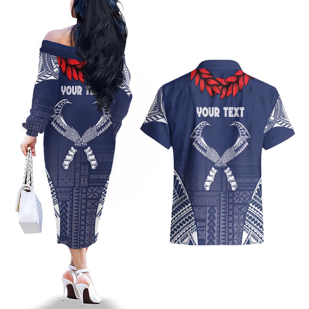 Personalized Talofa Samoa Couples Matching Off The Shoulder Long Sleeve Dress and Hawaiian Shirt Ulafala With Toa Nifo'oti - Blue