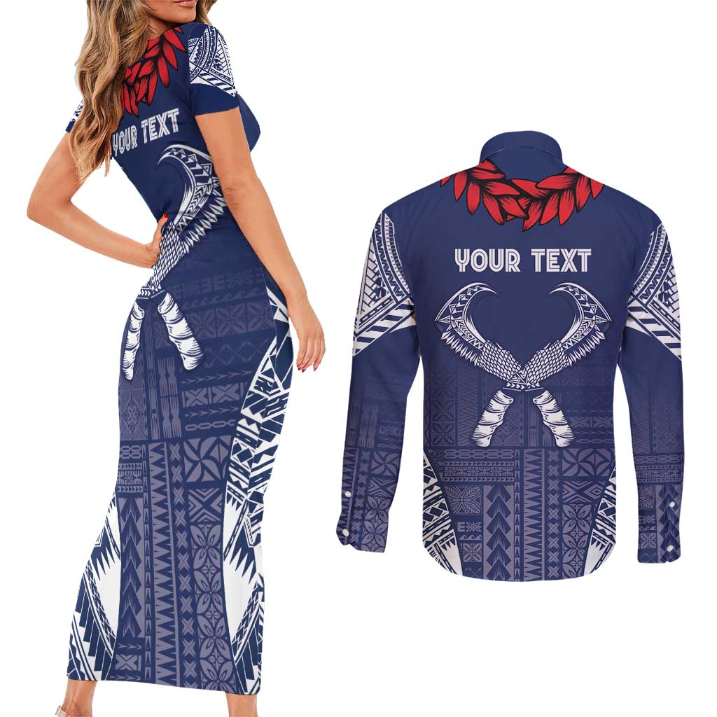 Personalized Talofa Samoa Couples Matching Short Sleeve Bodycon Dress and Long Sleeve Button Shirt Ulafala With Toa Nifo'oti - Blue