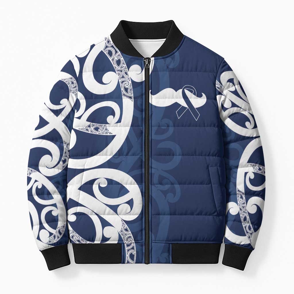 New Zealand Maori Mo Bros Bomber Puffer Jacket Blue Ribbon With Koru Kowhaiwhai - Polynesian Pride