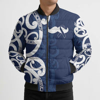 New Zealand Maori Mo Bros Bomber Puffer Jacket Blue Ribbon With Koru Kowhaiwhai - Polynesian Pride