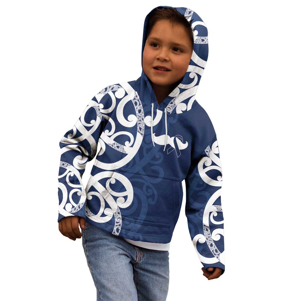 New Zealand Maori Mo Bros Kid Hoodie Blue Ribbon With Koru Kowhaiwhai - Polynesian Pride