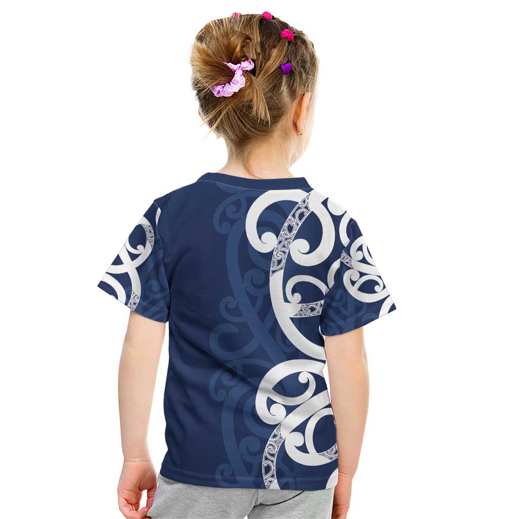 New Zealand Maori Mo Bros Kid T Shirt Blue Ribbon With Koru Kowhaiwhai - Polynesian Pride