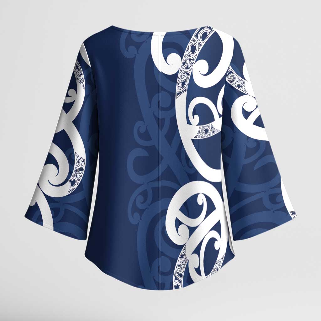 New Zealand Maori Mo Bros Kimono Sleeve Blouse Blue Ribbon With Koru Kowhaiwhai - Polynesian Pride