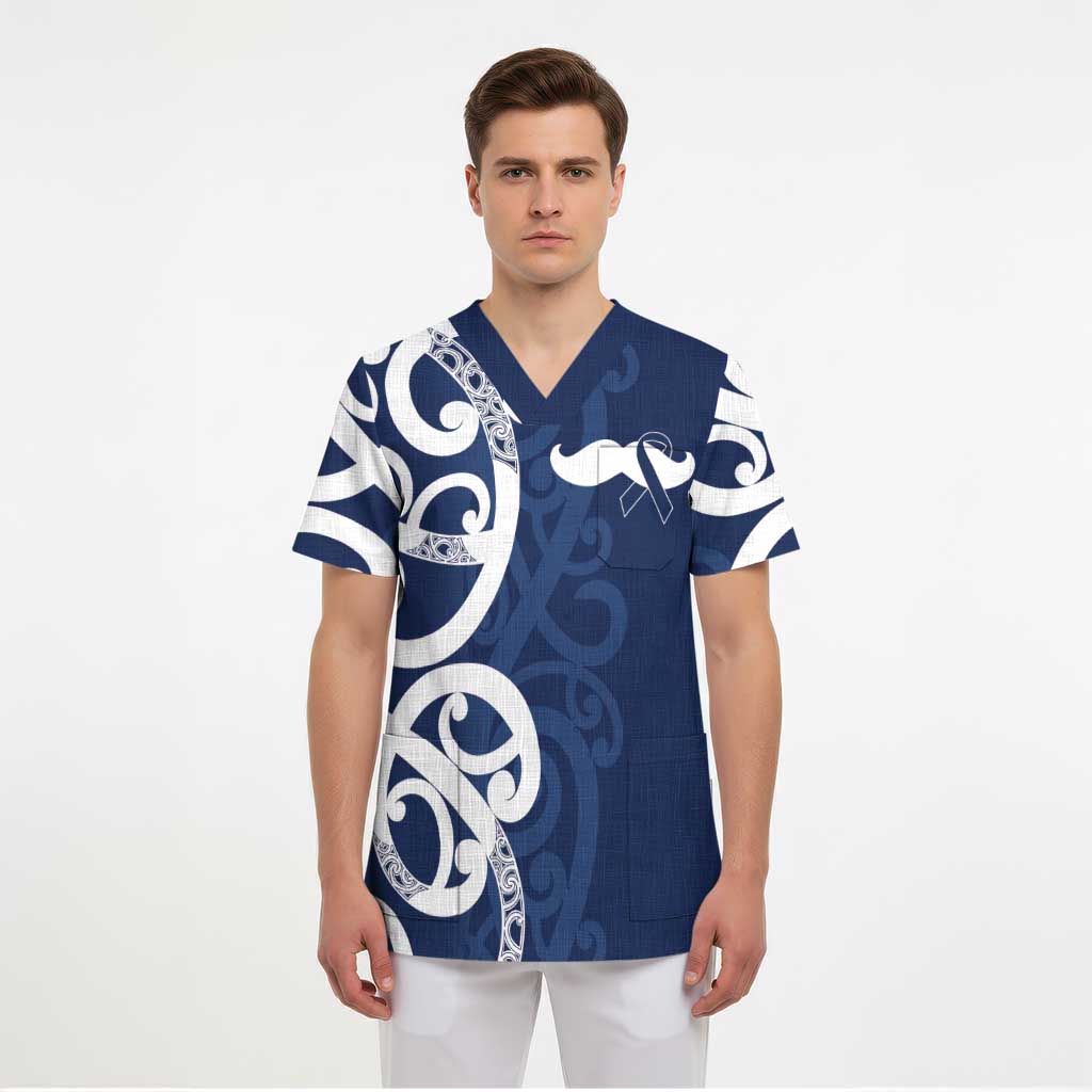 New Zealand Maori Mo Bros Scrub Top Blue Ribbon With Koru Kowhaiwhai - Polynesian Pride