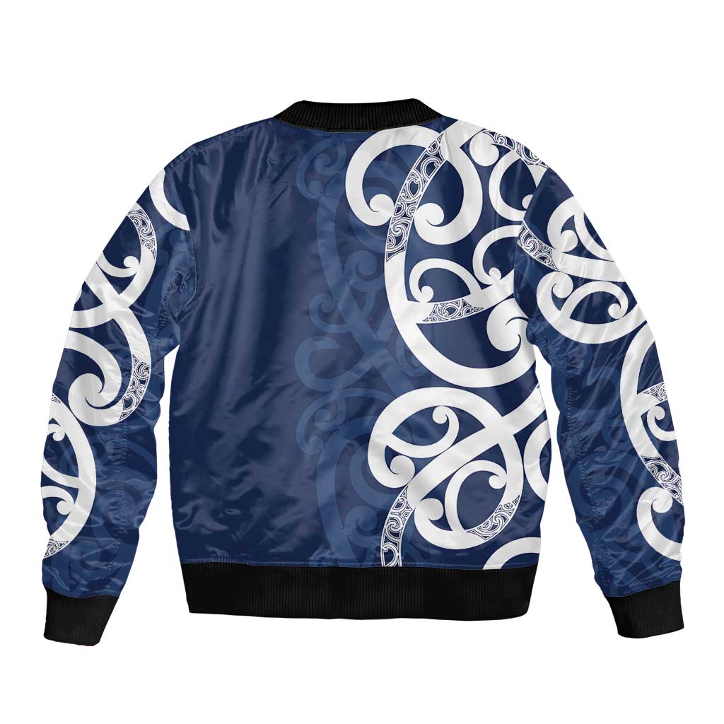 New Zealand Maori Mo Bros Sleeve Zip Bomber Jacket Blue Ribbon With Koru Kowhaiwhai - Polynesian Pride