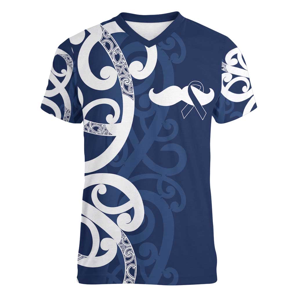 New Zealand Maori Mo Bros Women V-Neck T-Shirt Blue Ribbon With Koru Kowhaiwhai - Polynesian Pride