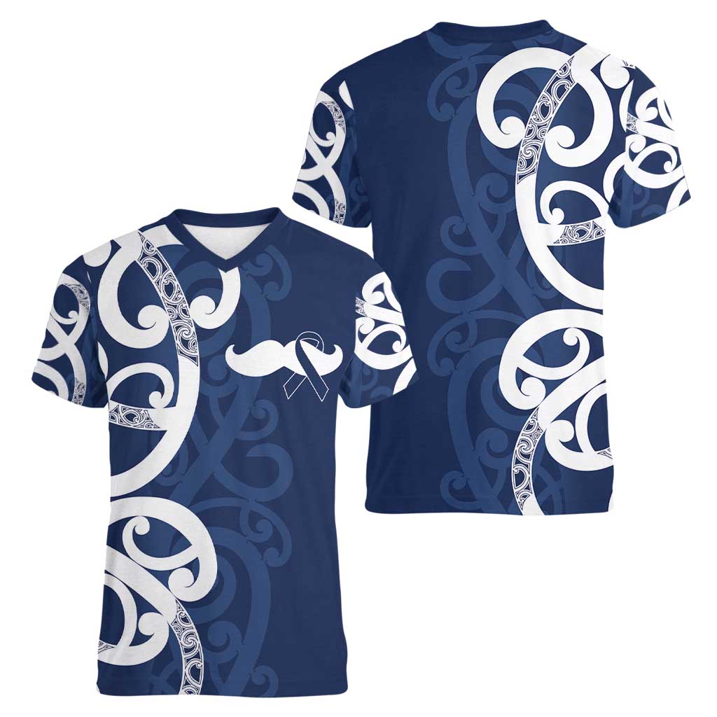 New Zealand Maori Mo Bros Women V-Neck T-Shirt Blue Ribbon With Koru Kowhaiwhai - Polynesian Pride