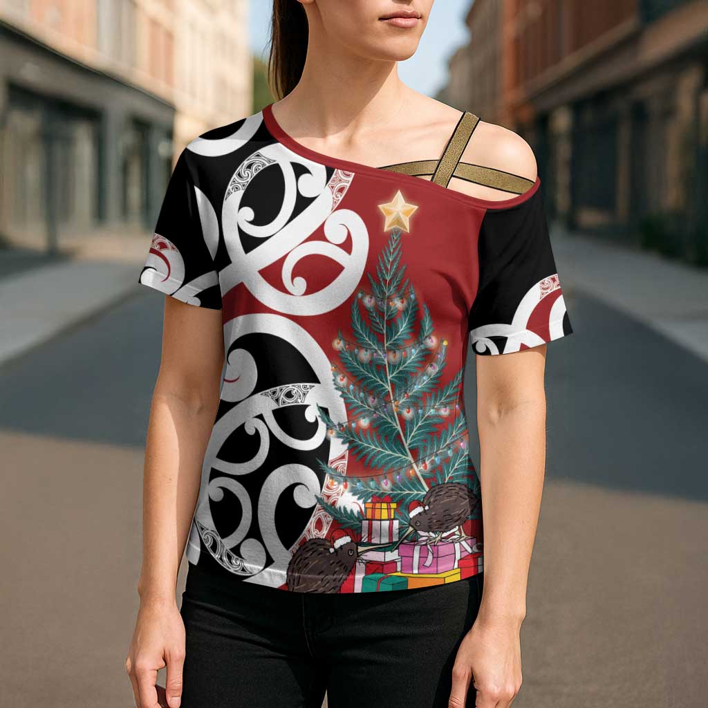 New Zealand Silver Fern Christmas Tree Cross Shoulder Shirt Meri Kirihimete - Polynesian Pride