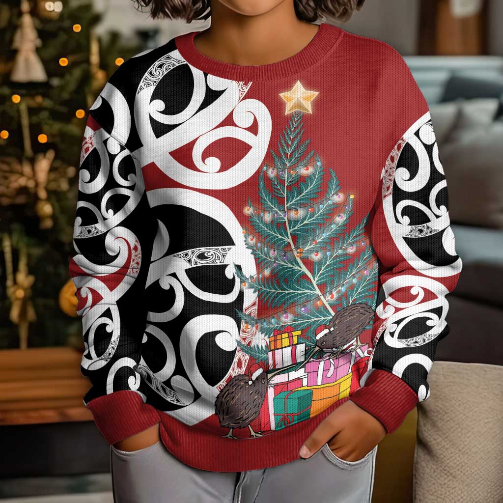 New Zealand Silver Fern Christmas Tree Kid Ugly Christmas Sweater Meri Kirihimete - Polynesian Pride