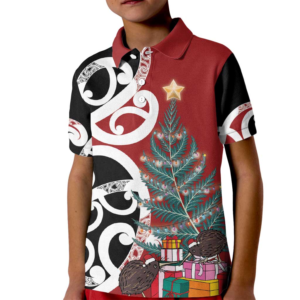New Zealand Silver Fern Christmas Tree Kid Polo Shirt Meri Kirihimete - Polynesian Pride