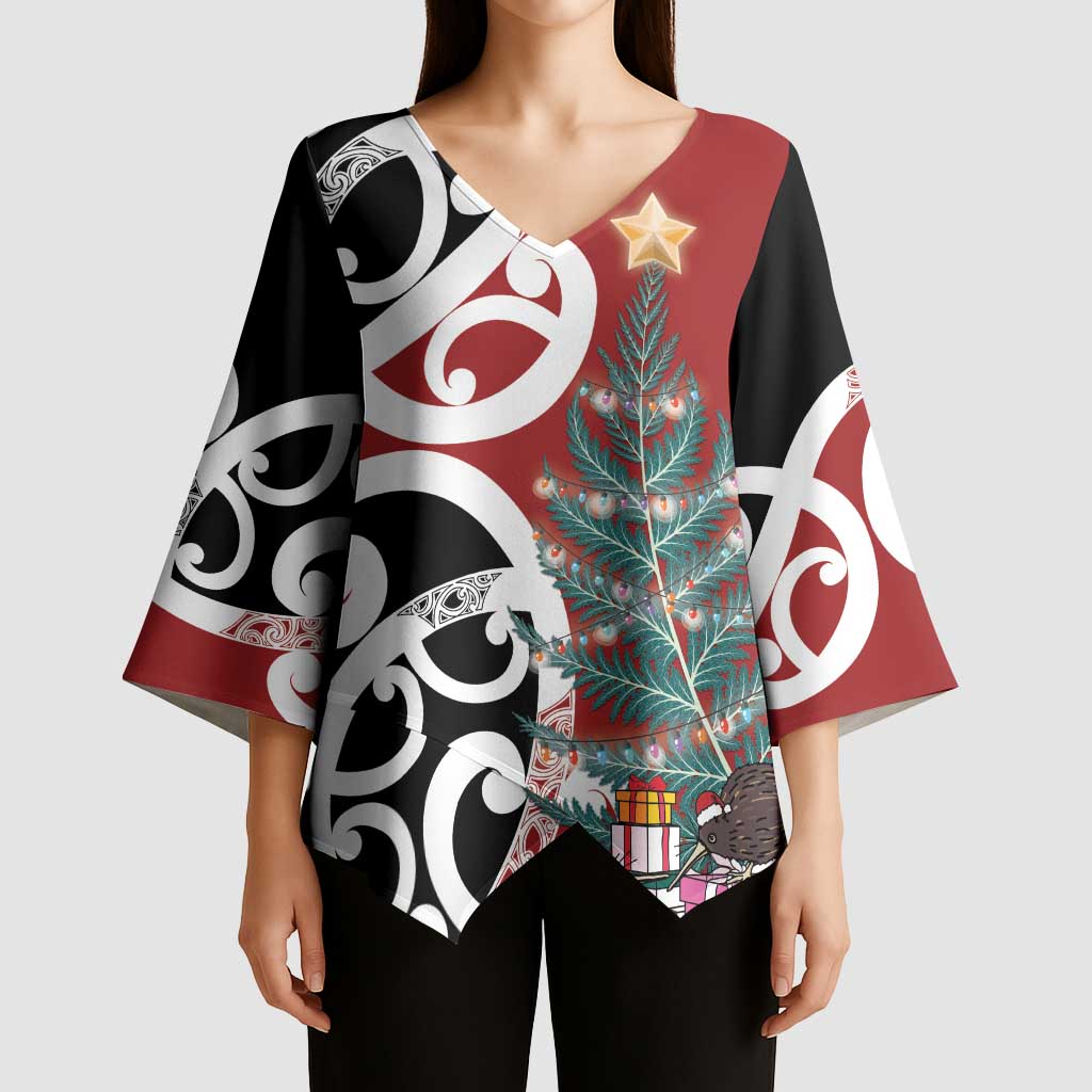 New Zealand Silver Fern Christmas Tree Kimono Sleeve Blouse Meri Kirihimete - Polynesian Pride