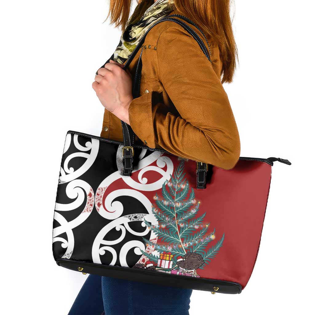 New Zealand Silver Fern Christmas Tree Leather Tote Bag Meri Kirihimete - Polynesian Pride