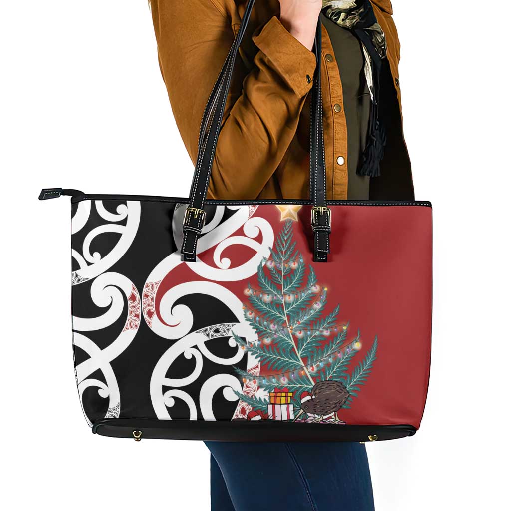 New Zealand Silver Fern Christmas Tree Leather Tote Bag Meri Kirihimete - Polynesian Pride