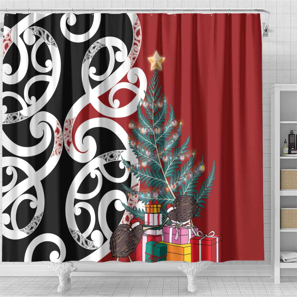New Zealand Silver Fern Christmas Tree Shower Curtain Meri Kirihimete - Polynesian Pride
