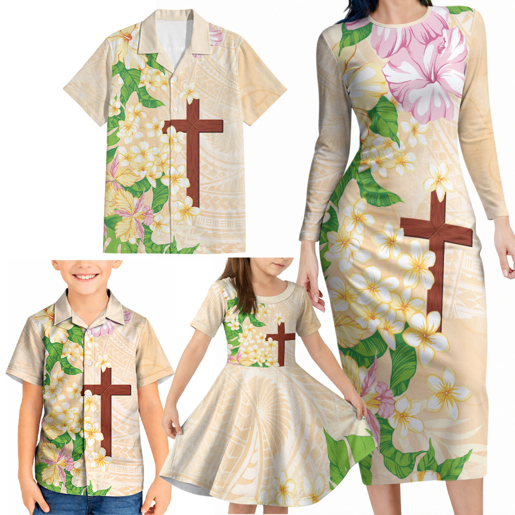 Samoa AIGA Floral Theme Family Matching Long Sleeve Bodycon Dress and Hawaiian Shirt Always In God's Arms