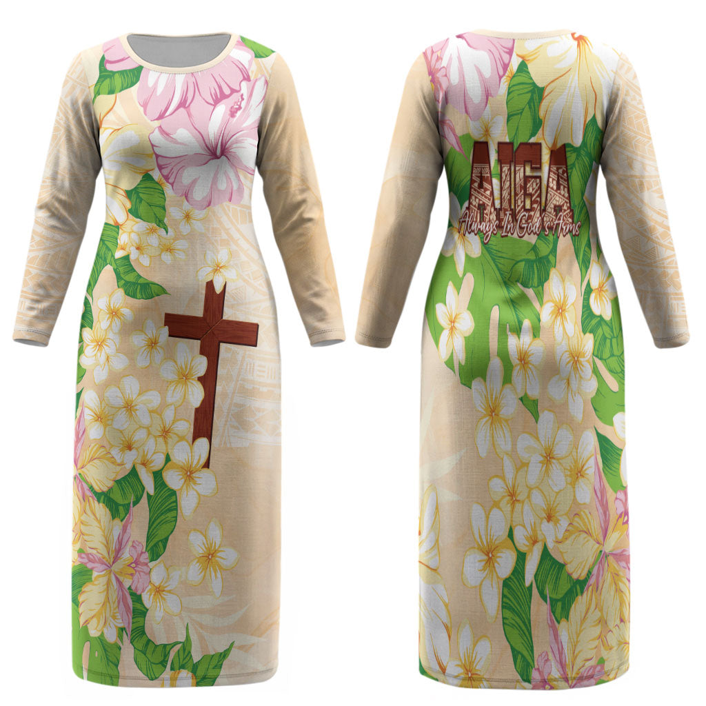 Samoa AIGA Floral Theme Family Matching Long Sleeve Bodycon Dress and Hawaiian Shirt Always In God's Arms