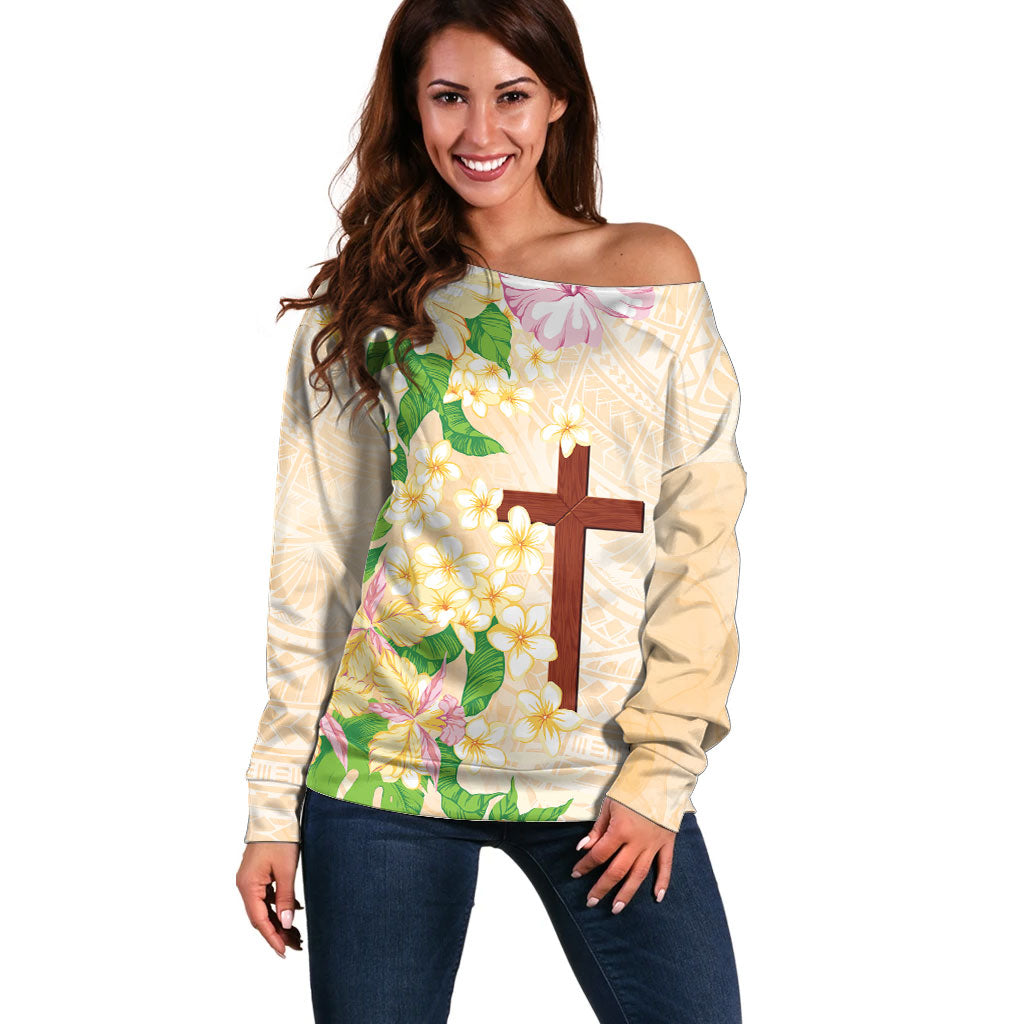 Samoa AIGA Floral Theme Off Shoulder Sweater Always In God's Arms LT7 Women Multicolor - Polynesian Pride