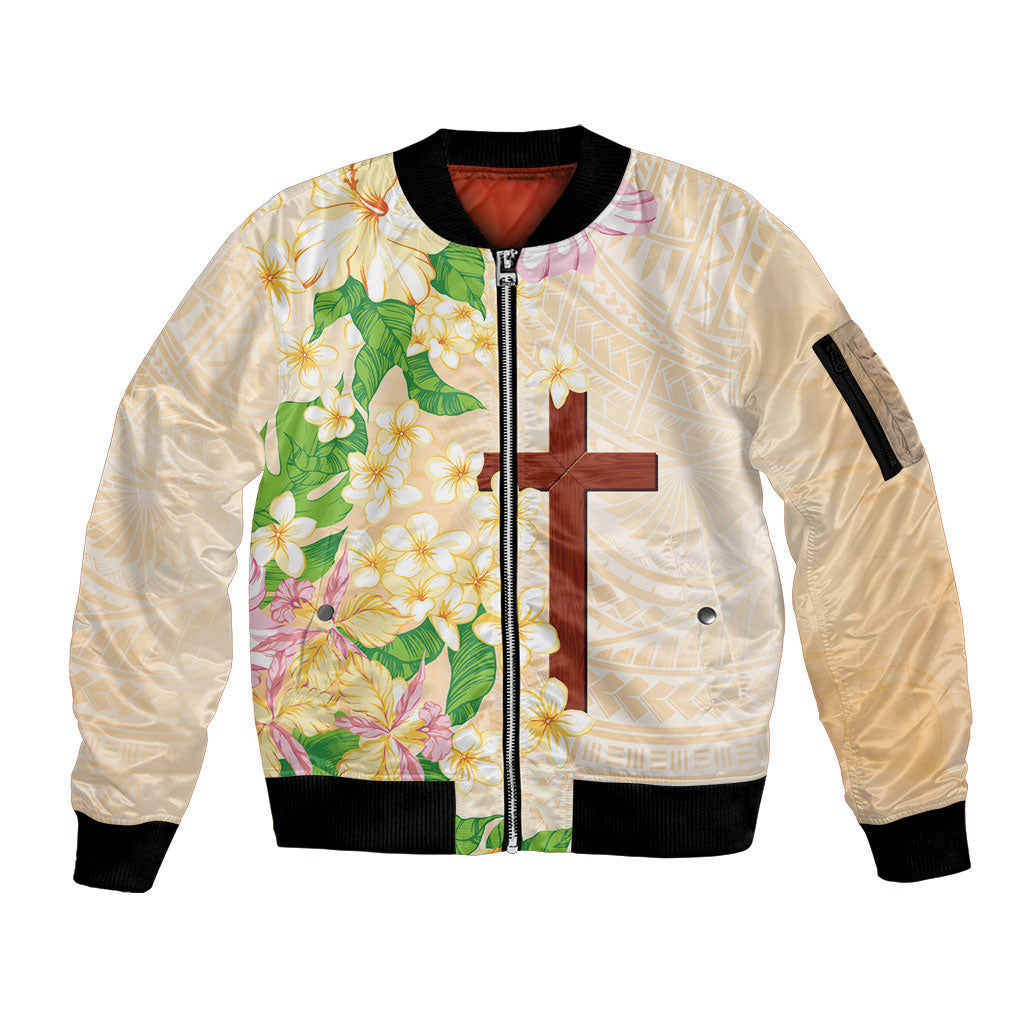 Samoa AIGA Floral Theme Sleeve Zip Bomber Jacket Always In God's Arms