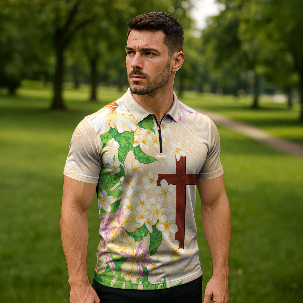 Samoa AIGA Floral Theme Zipper Polo Shirt Always In God's Arms