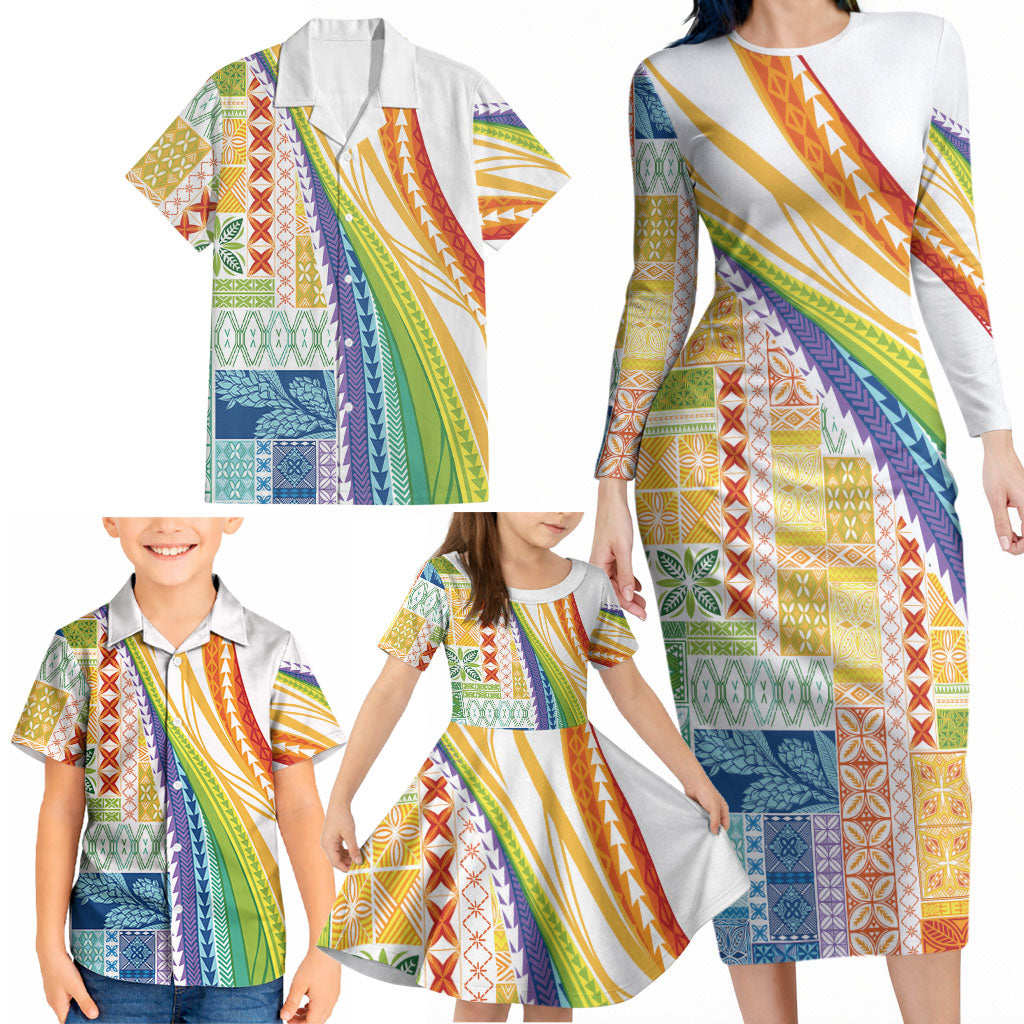 Pasifika Samoa Siapo Malu Tattoo Inspired Family Matching Long Sleeve Bodycon Dress and Hawaiian Shirt Fa'afafine Rainbow Theme