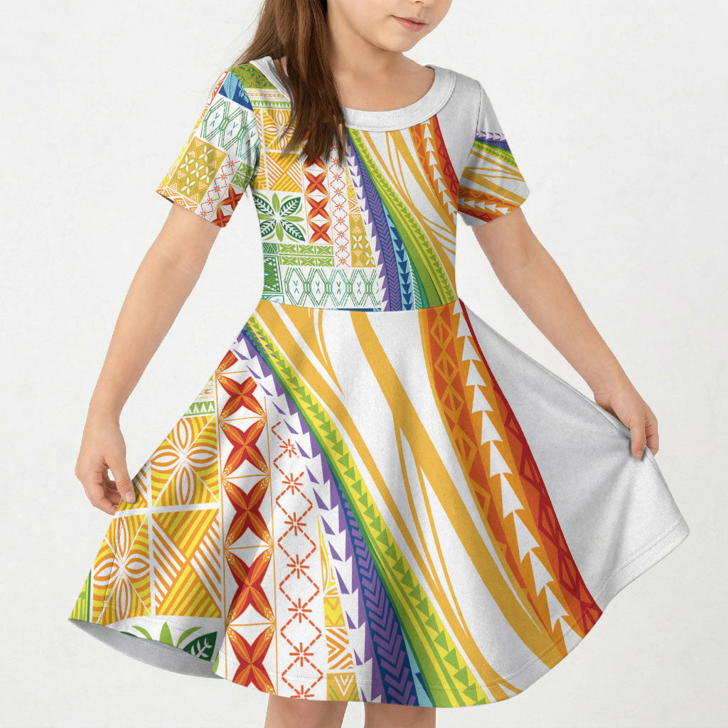 Pasifika Samoa Siapo Malu Tattoo Inspired Kid Short Sleeve Dress Fa'afafine Rainbow Theme
