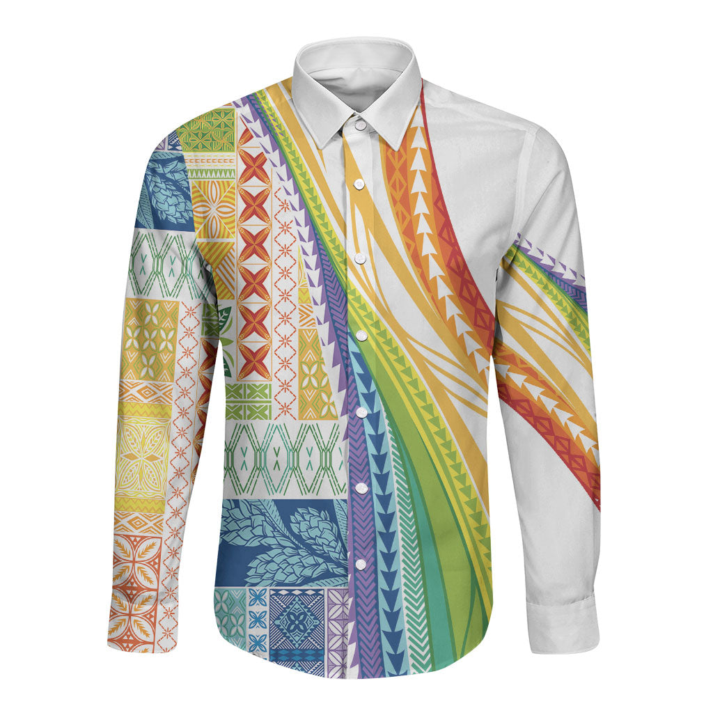 Pasifika Samoa Siapo Malu Tattoo Inspired Long Sleeve Button Shirt Fa'afafine Rainbow Theme LT7 Unisex Multicolor - Polynesian Pride