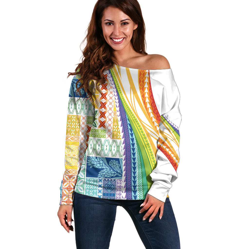 Pasifika Samoa Siapo Malu Tattoo Inspired Off Shoulder Sweater Fa'afafine Rainbow Theme LT7 Women Multicolor - Polynesian Pride