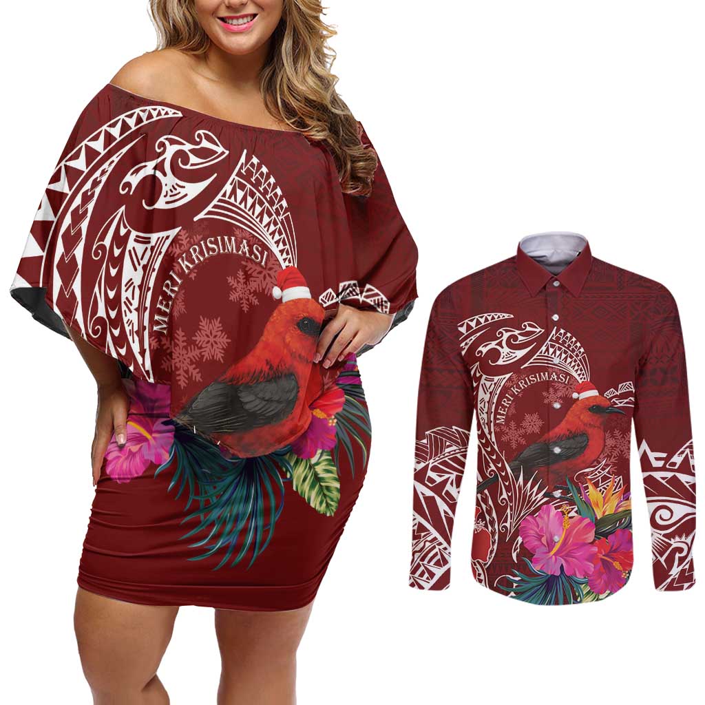 Personalized Samoa Meri Krisimasi Couples Matching Off Shoulder Short Dress and Long Sleeve Button Shirt Segasegamau'u Mix Siapo