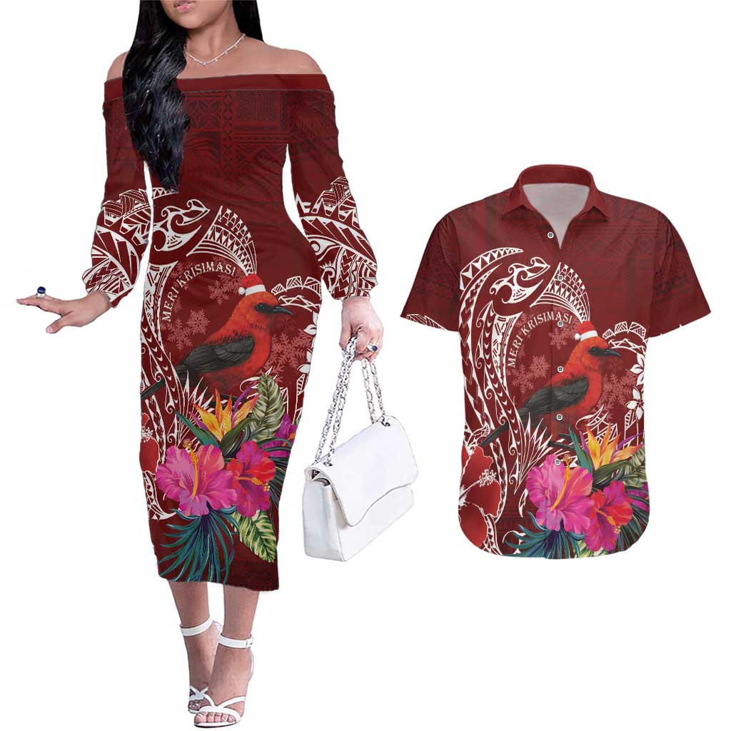 Personalized Samoa Meri Krisimasi Couples Matching Off The Shoulder Long Sleeve Dress and Hawaiian Shirt Segasegamau'u Mix Siapo