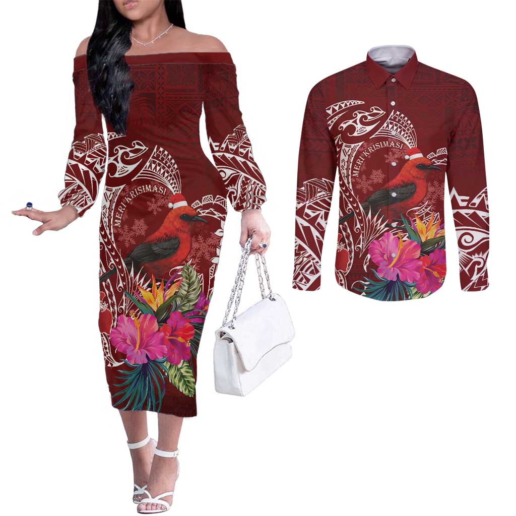 Personalized Samoa Meri Krisimasi Couples Matching Off The Shoulder Long Sleeve Dress and Long Sleeve Button Shirt Segasegamau'u Mix Siapo