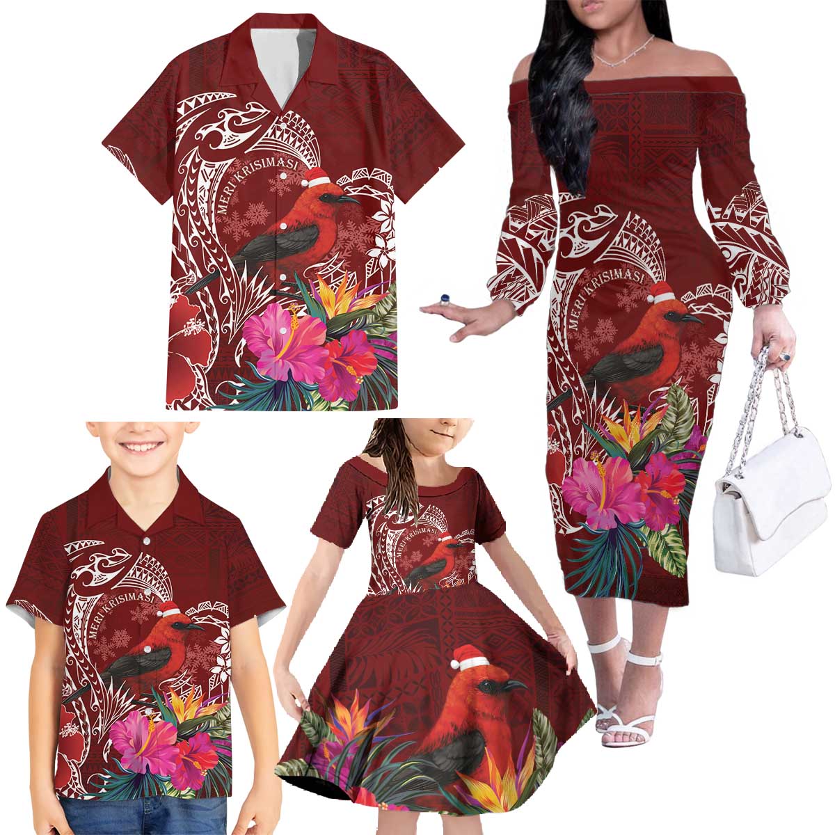 Personalized Samoa Meri Krisimasi Family Matching Off The Shoulder Long Sleeve Dress and Hawaiian Shirt Segasegamau'u Mix Siapo