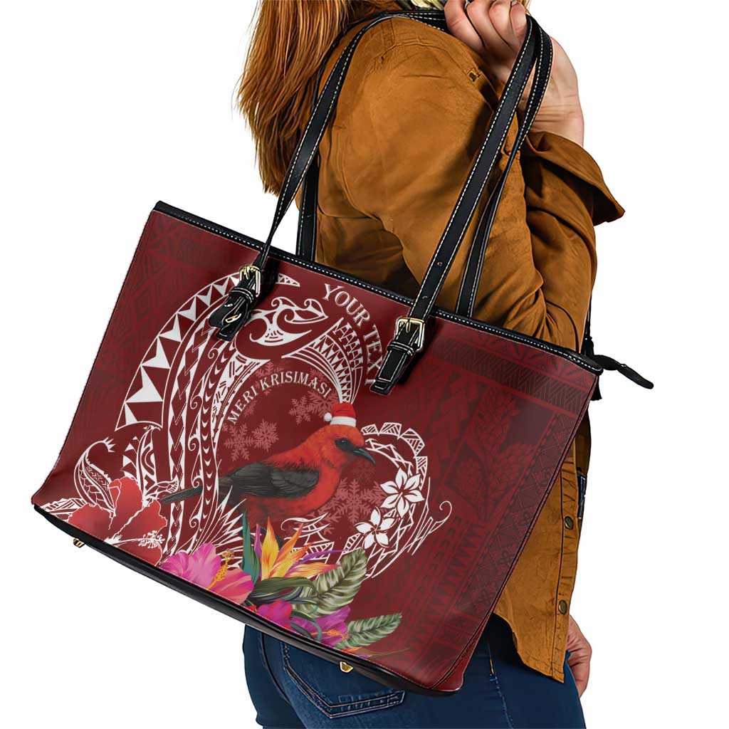 Personalized Samoa Meri Krisimasi Leather Tote Bag Segasegamau'u Mix Siapo