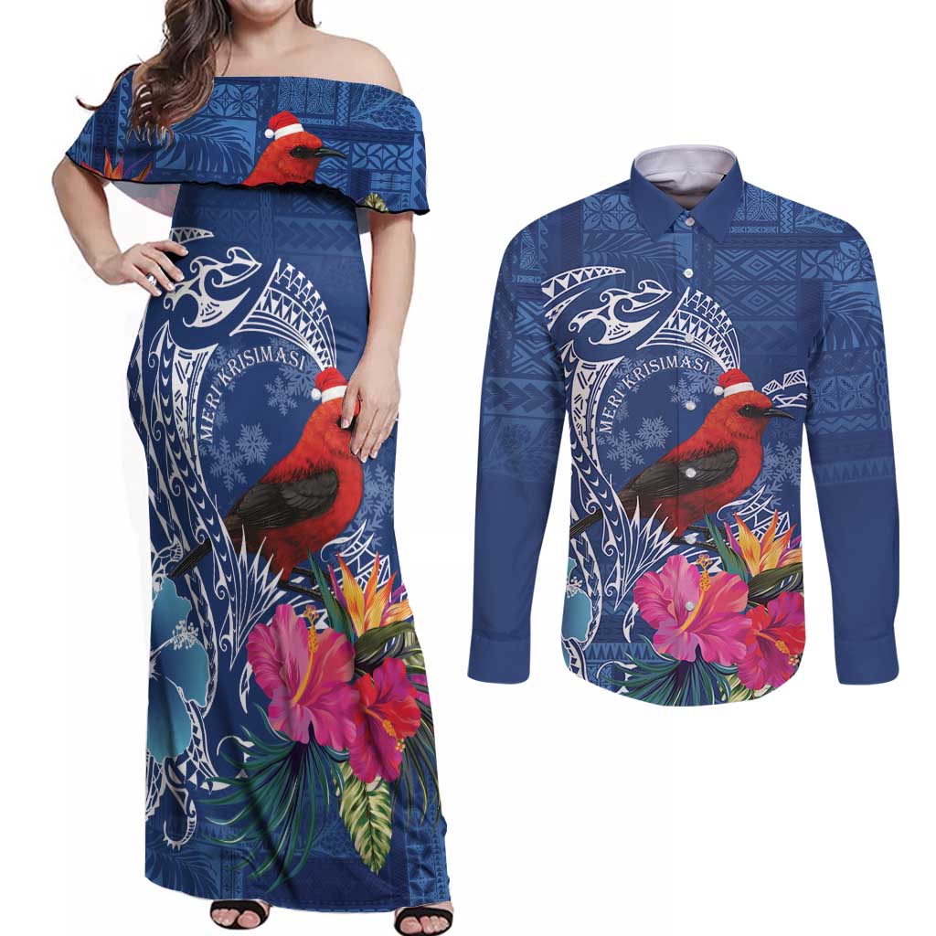 Personalized Samoa Christmas Couples Matching Off Shoulder Maxi Dress and Long Sleeve Button Shirt Cardinal Honeyeater Mix Siapo