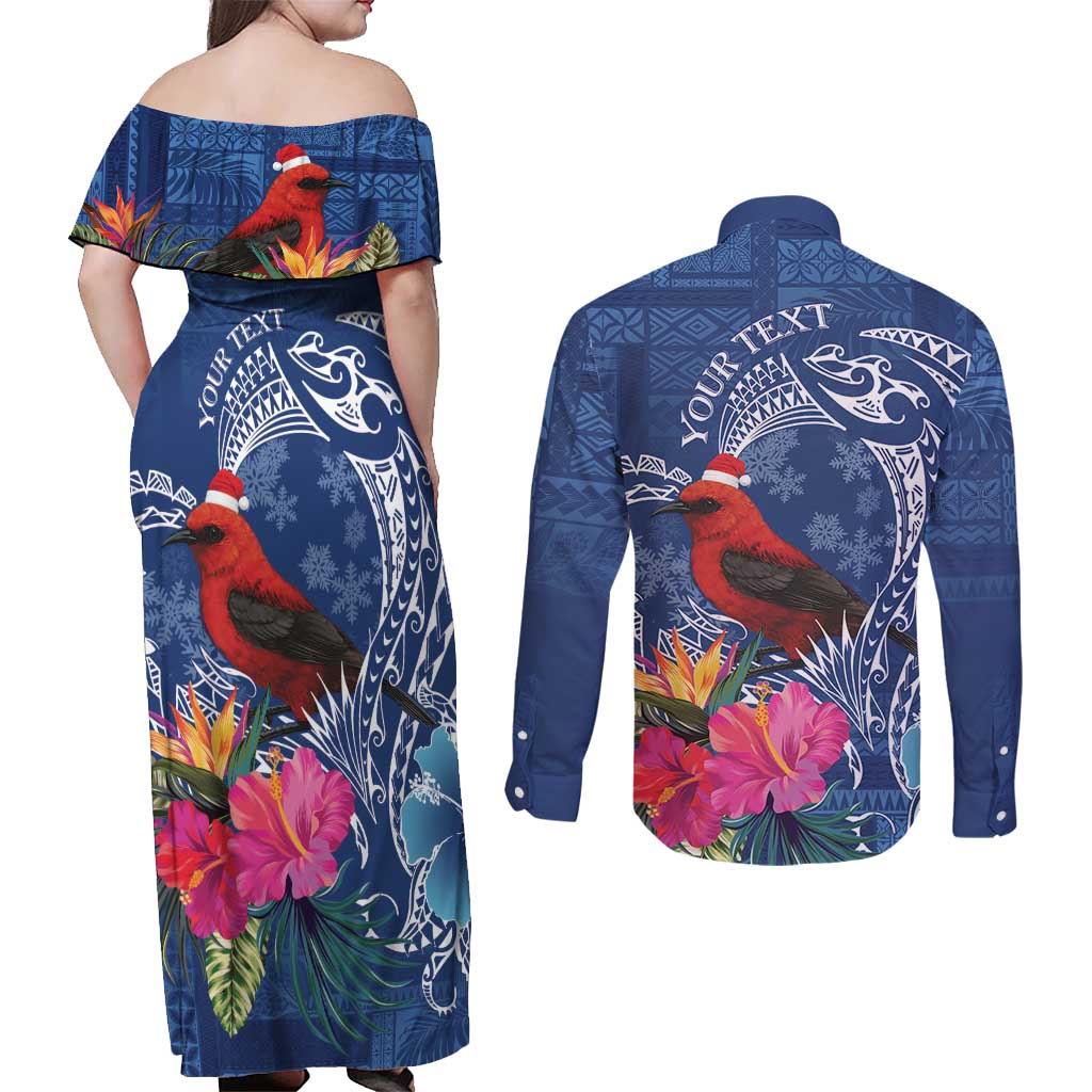 Personalized Samoa Christmas Couples Matching Off Shoulder Maxi Dress and Long Sleeve Button Shirt Cardinal Honeyeater Mix Siapo