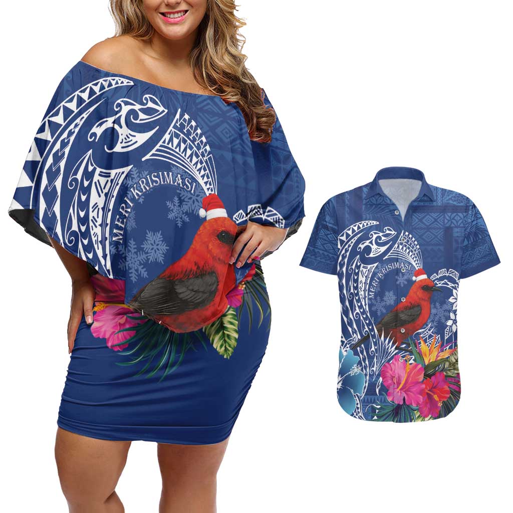 Personalized Samoa Christmas Couples Matching Off Shoulder Short Dress and Hawaiian Shirt Cardinal Honeyeater Mix Siapo