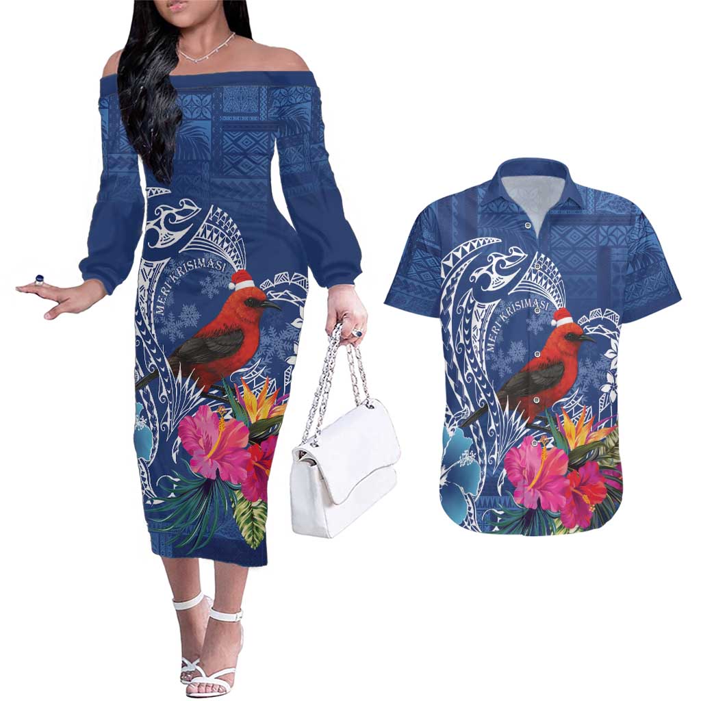 Personalized Samoa Christmas Couples Matching Off The Shoulder Long Sleeve Dress and Hawaiian Shirt Cardinal Honeyeater Mix Siapo