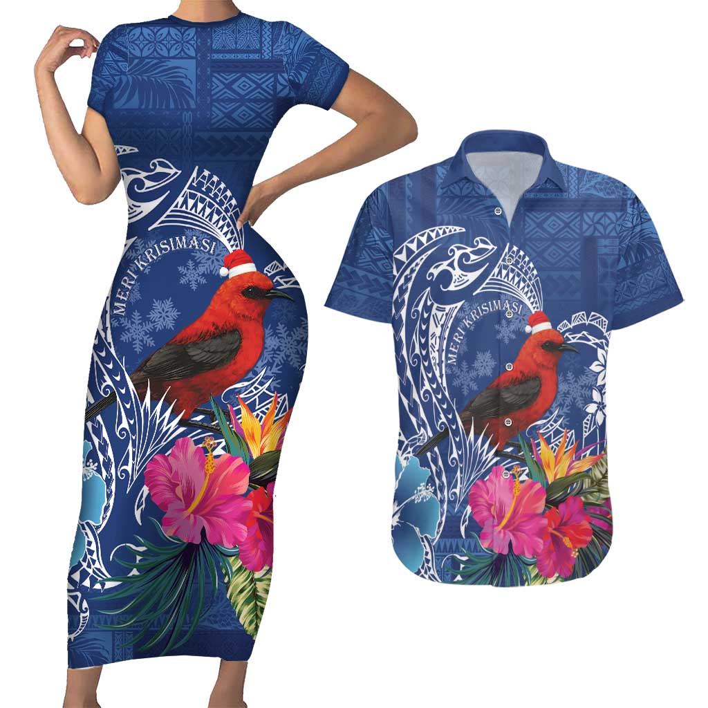 Personalized Samoa Christmas Couples Matching Short Sleeve Bodycon Dress and Hawaiian Shirt Cardinal Honeyeater Mix Siapo