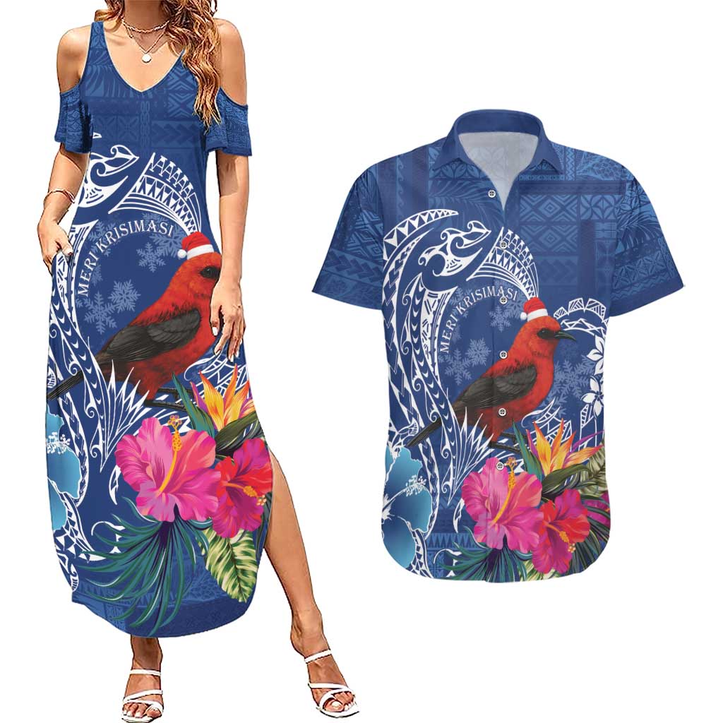 Personalized Samoa Christmas Couples Matching Summer Maxi Dress and Hawaiian Shirt Cardinal Honeyeater Mix Siapo