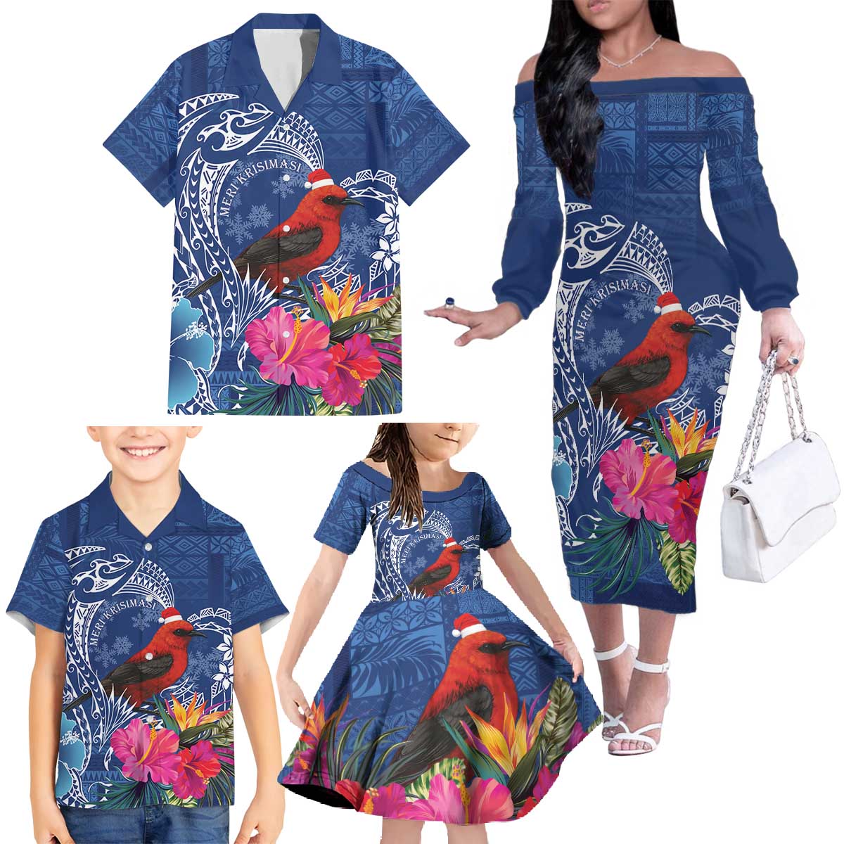 Personalized Samoa Christmas Family Matching Off The Shoulder Long Sleeve Dress and Hawaiian Shirt Cardinal Honeyeater Mix Siapo