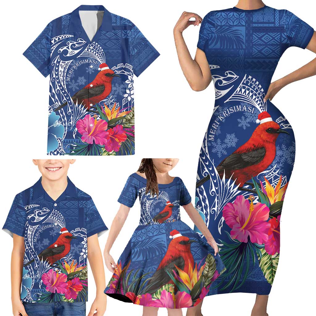 Personalized Samoa Christmas Family Matching Short Sleeve Bodycon Dress and Hawaiian Shirt Cardinal Honeyeater Mix Siapo