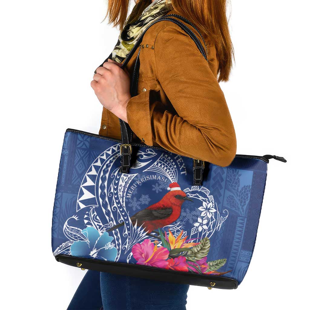 Personalized Samoa Christmas Leather Tote Bag Cardinal Honeyeater Mix Siapo