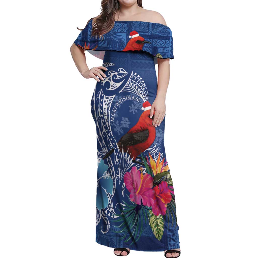 Personalized Samoa Christmas Off Shoulder Maxi Dress Cardinal Honeyeater Mix Siapo