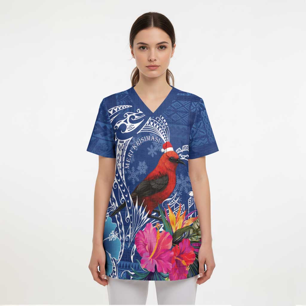 Personalized Samoa Christmas Scrub Top Cardinal Honeyeater Mix Siapo - Polynesian Pride
