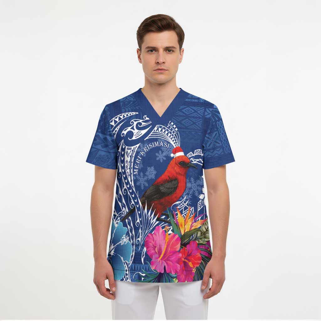 Personalized Samoa Christmas Scrub Top Cardinal Honeyeater Mix Siapo - Polynesian Pride