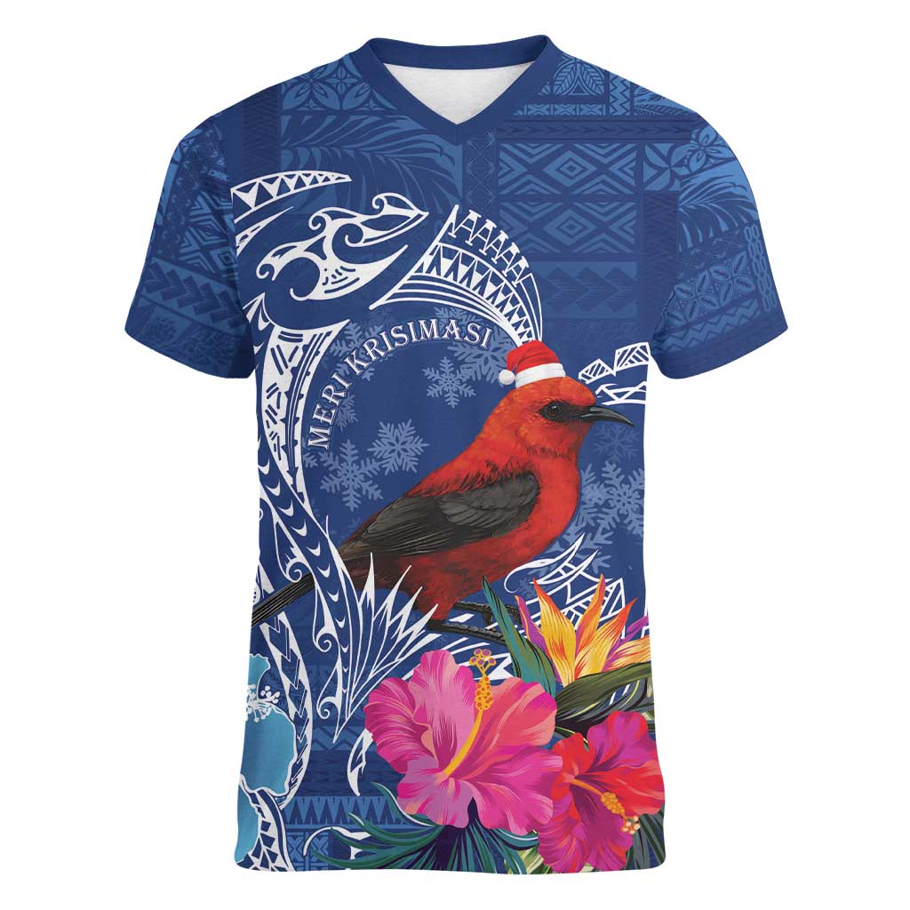 Personalized Samoa Christmas Women V-Neck T-Shirt Cardinal Honeyeater Mix Siapo