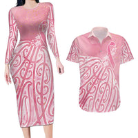 Breast Cancer Awareness Maori Couples Matching Long Sleeve Bodycon Dress and Hawaiian Shirt Kia Kaha Kia Maia Kia Manawanui - Polynesian Pride